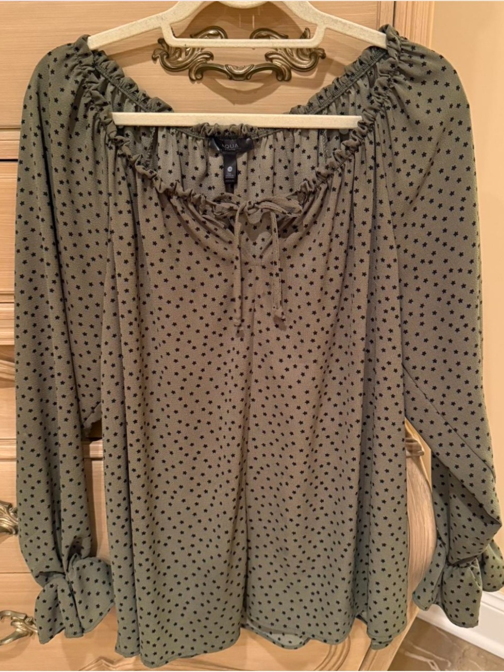 Aqua Olive Green Star Print Peasant Blouse